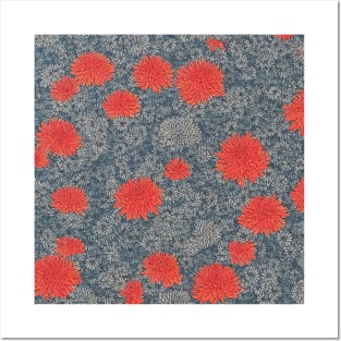 Red and Grey Chrysanthemum Pattern Posters and Art